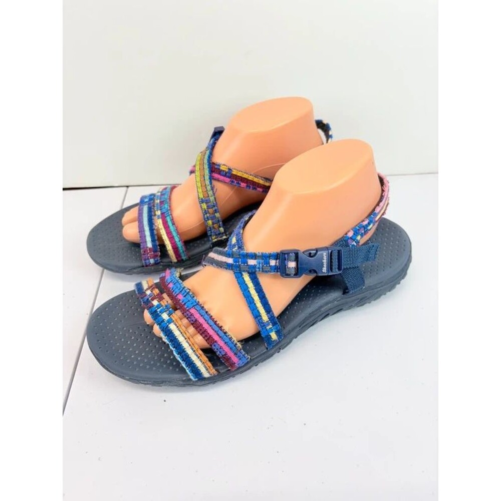 Skechers Reggae Womens 10 Blue Multi Color Strappy Woven Webbing Sandals Buckle